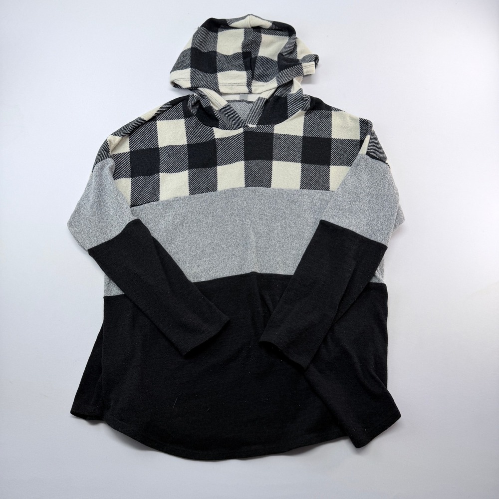 Honeyme Curvy Womens XXL Hoodie Buffalo Plaid Colorblock Black Grey Pullover